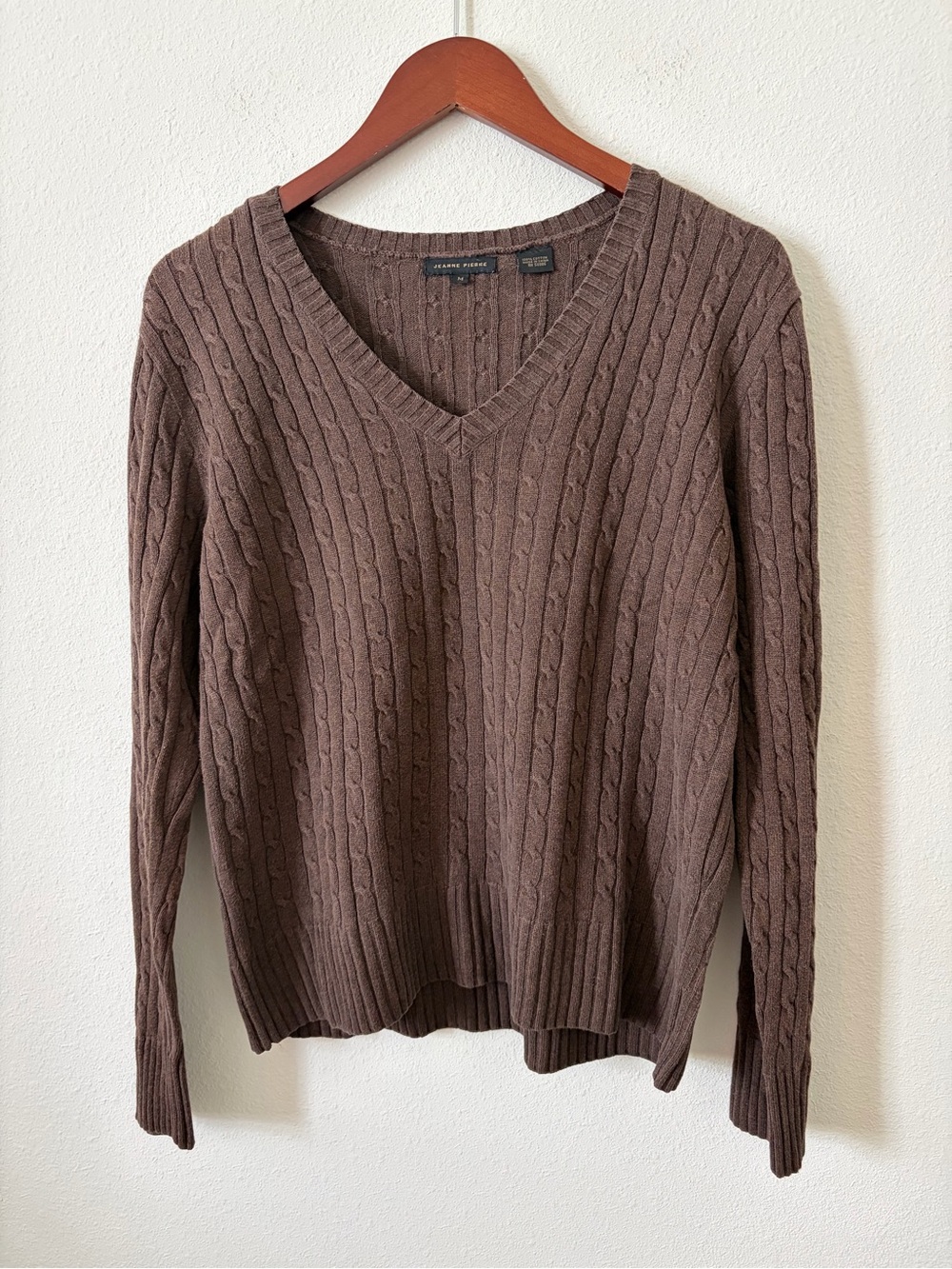 Jeanne Pierre Chocolate Brown Preppy Cable Knit Cotton V-Neck Sweater Size M
